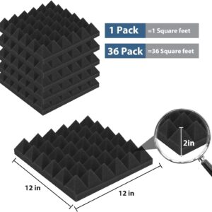 Ikaufen 36 Pack-12 x 12 x 2 Inches Pyramid Designed Acoustic Foam Panels, High Density and Flame Retardant Sound Proof Foam Panels for Wall and Ceiling