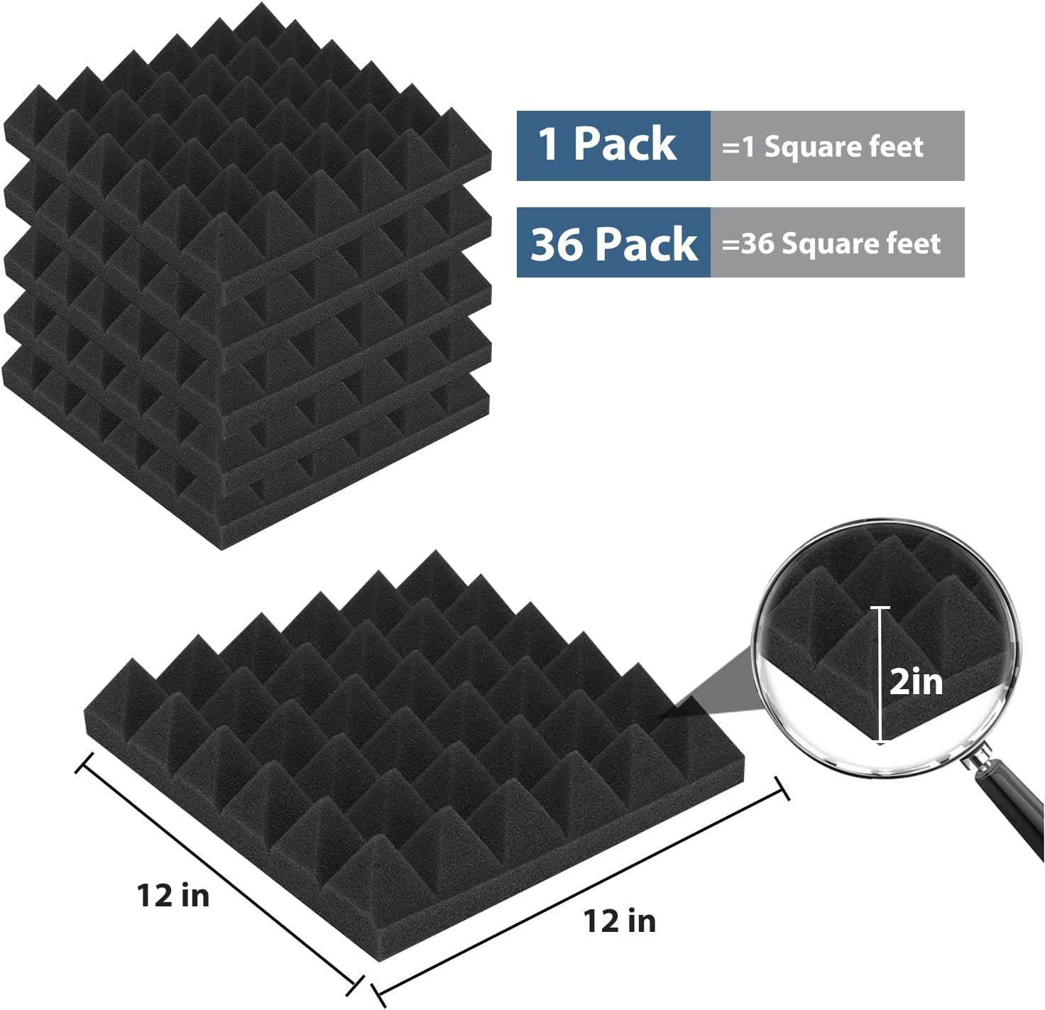 Ikaufen 36 Pack-12 x 12 x 2 Inches Pyramid Designed Acoustic Foam Panels, High Density and Flame Retardant Sound Proof Foam Panels for Wall and Ceiling