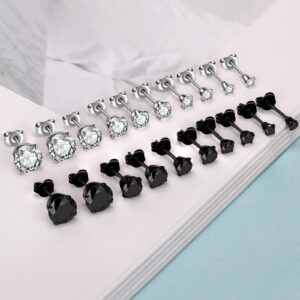 KANOUE 10 Pairs Silver and Black Stud Earrings Set, Hypoallergenic Earrings for Women Studs Set, Stainless Steel Earrings, Cubic Zirconia Earrings Studs for Girls