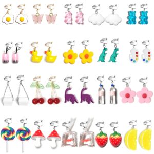 20 Pairs Clip On Earrings Weird Funny Earrings Gummy Bear Duck Water Bottle Fish Dinosaur Mushroom Butterfly Strawberry Dangle Earrings Set for Women Teen Girls, Resin, No Gemstone