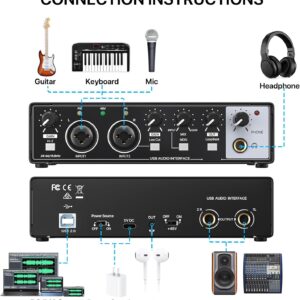 USB Audio Interface for PC, 2i2 Computer Audio Interface for Recording Music, Portable Interfaz de Audio Mixer for Studio Beginner Podcaster Guitarist (Audio Interface-Black)