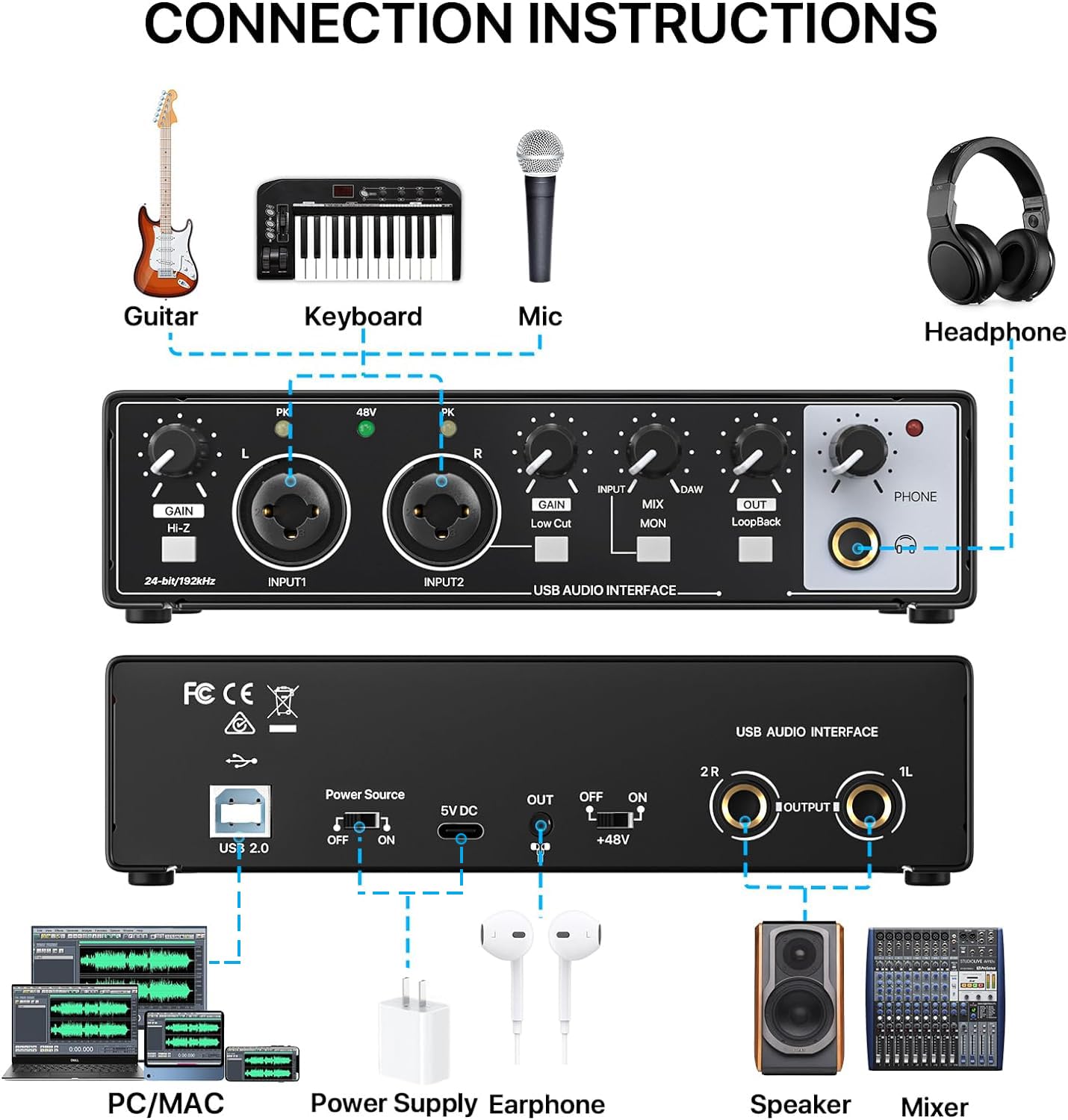 USB Audio Interface for PC, 2i2 Computer Audio Interface for Recording Music, Portable Interfaz de Audio Mixer for Studio Beginner Podcaster Guitarist (Audio Interface-Black)