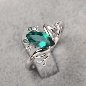 LUO 925 Sterling Silver Frog Ring Marquise Cut Created Emerald Ring Frog Jewelry Lovely Animal Ring Promise Ring for Women US Size 6.5