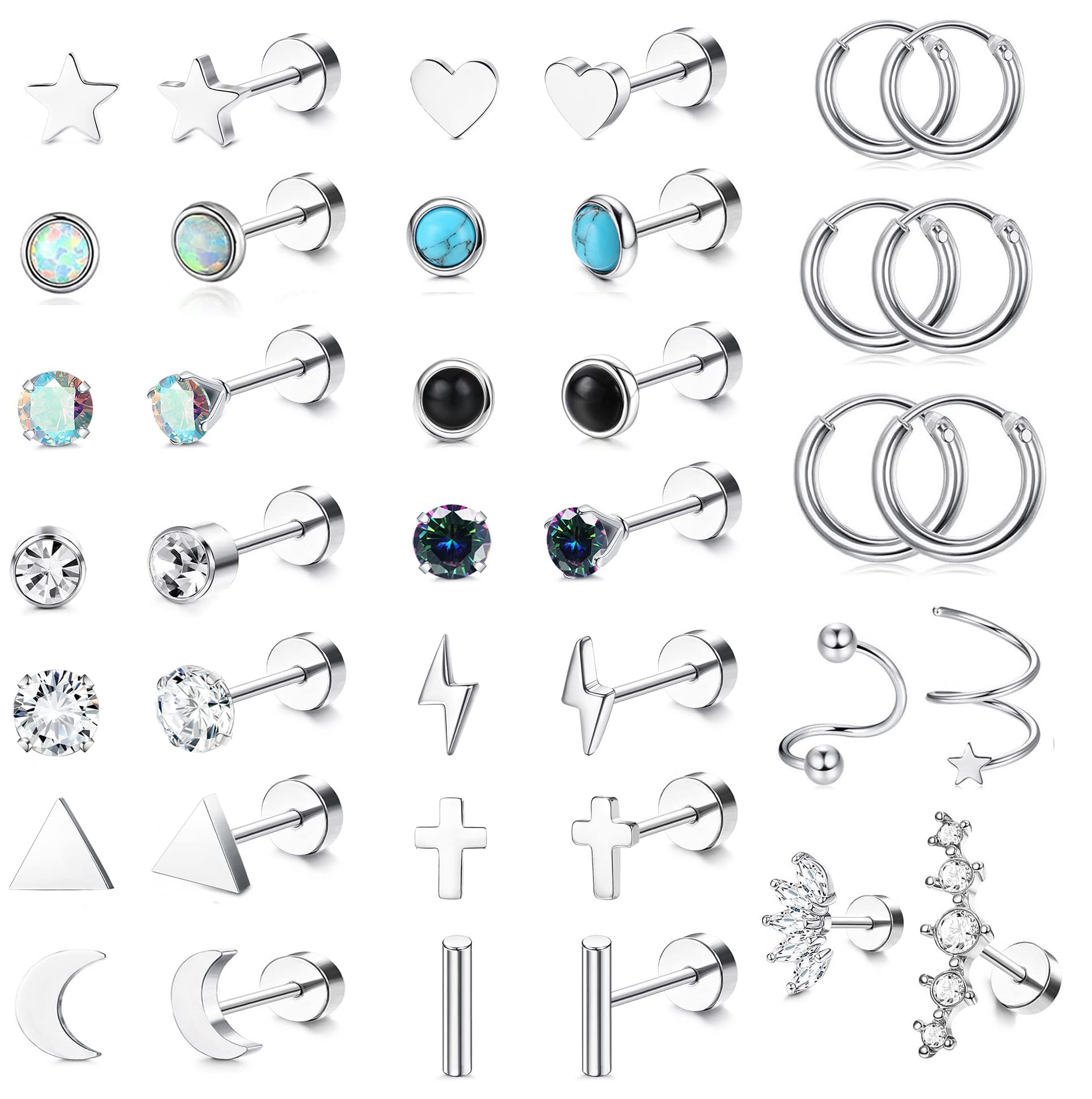 YADOCA 19Pairs Surgical Steel Stud Earrings Set for Women Men Small CZ Heart Star Moon Flat Back Earrings Hypoallergenic 20G Tiny Cartilage Earrings Stud Hoops Helix Tragus Daith Earrings Piercing