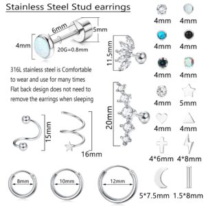 YADOCA 19Pairs Surgical Steel Stud Earrings Set for Women Men Small CZ Heart Star Moon Flat Back Earrings Hypoallergenic 20G Tiny Cartilage Earrings Stud Hoops Helix Tragus Daith Earrings Piercing