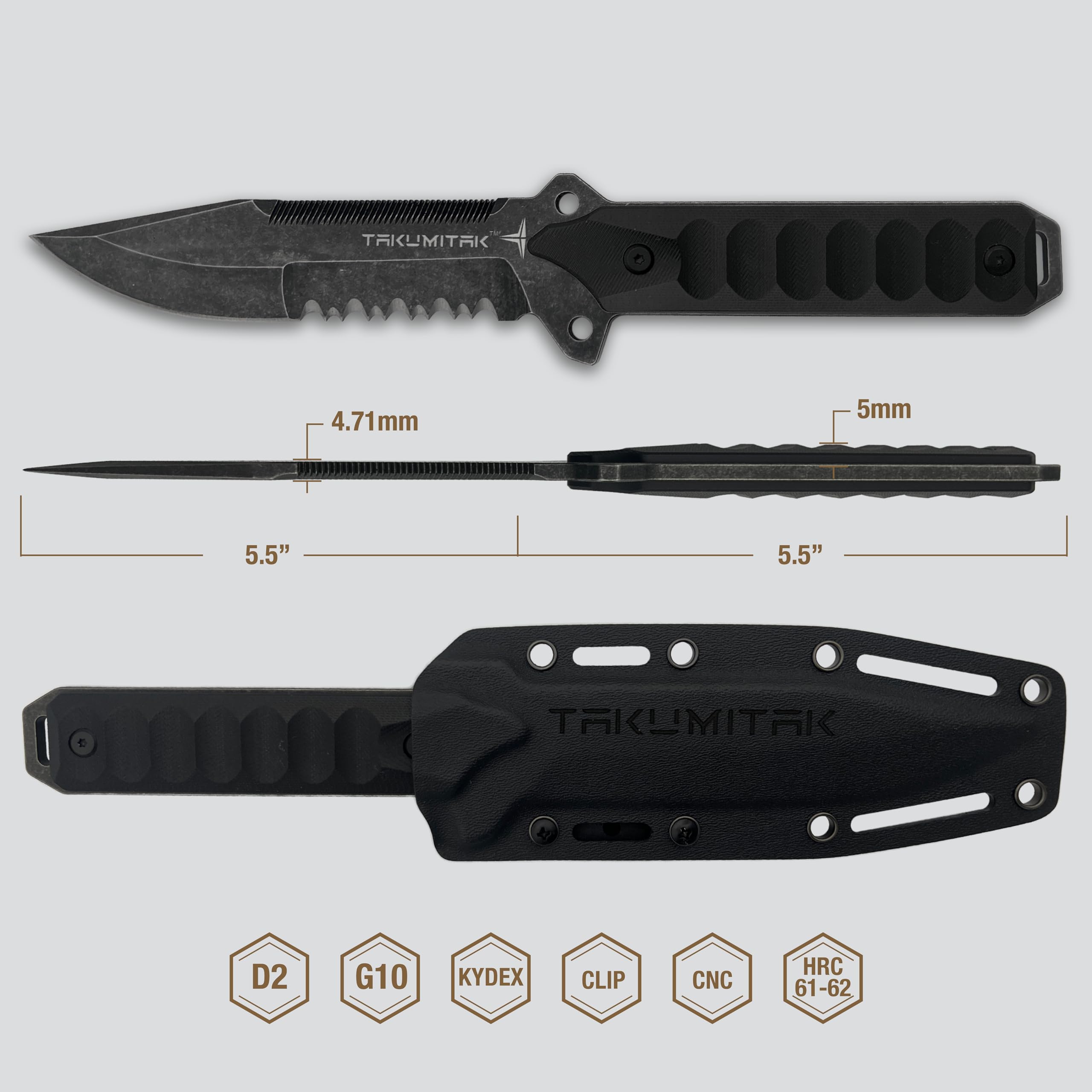 TAKUMITAK Tactical Knife Hunting Knife Survival Knife D2 Drop Point Blade G10 Handle Kydex Sheath Molle Clip Fixed Blade Knives Camping Accessories Hunting EDC Gear 40222 (Stonewash TKF213SW)