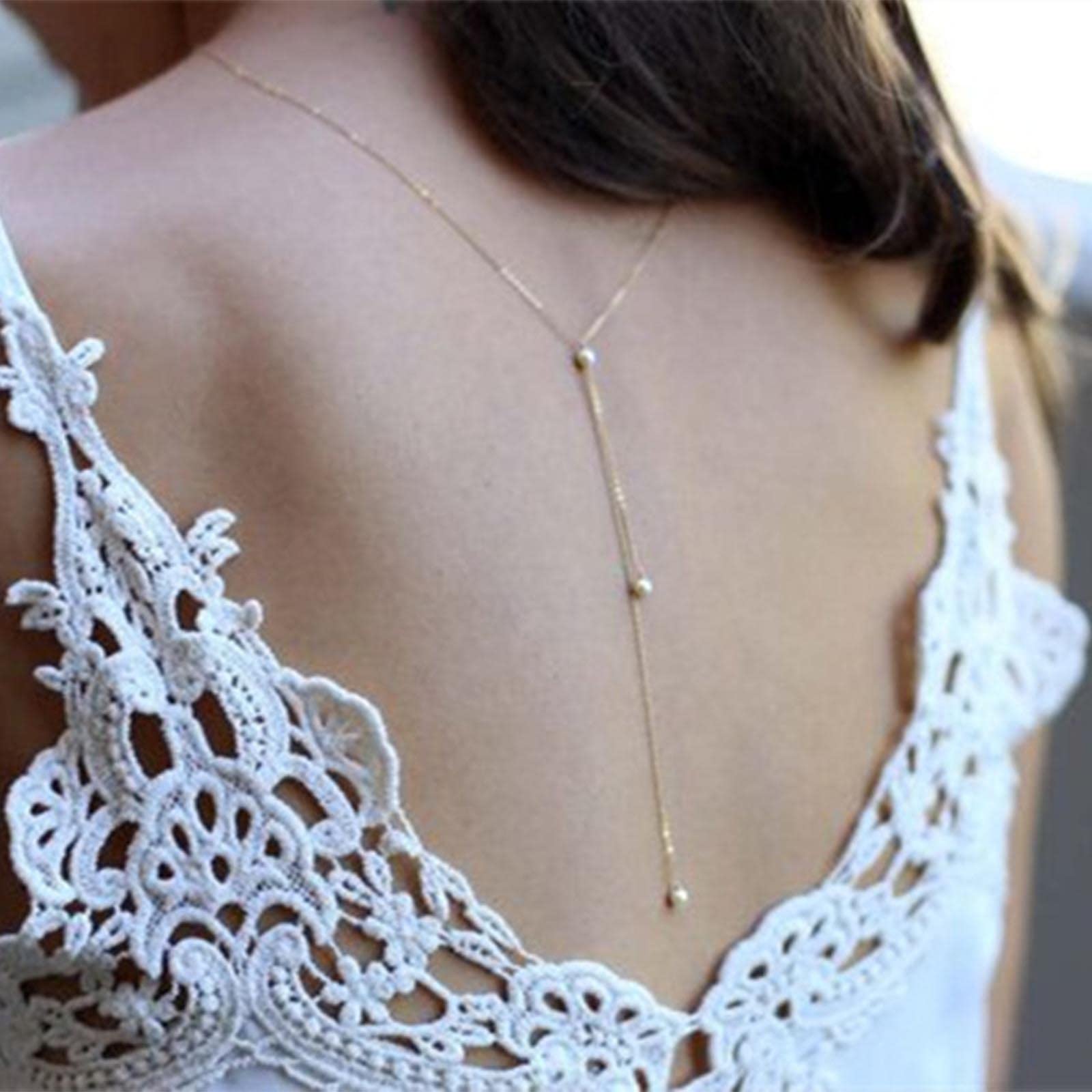 Iaceble Boho Pearl Back Necklace Pearl Backdrop Necklace Gold Back Drop Chain Summer Bridal Backless Chain Necklace Body Chain Jewelry for Women and Girls