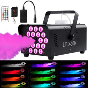 fog machine with lights 18 led, smoke machine fog, fog machine halloween 2000cfm 500w with 2 wireless remote control and 13 colorful lights effect, fog machine indoor outdoor for parties dj