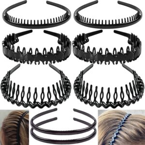 ultimute 8 pcs fashion effortless plastic headbands with teeth comb black skinny headbands no slip hair bands for women men teen girls, bright black