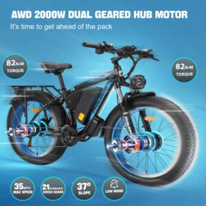 PHILODO Electric Bike for Adults, 48V 22Ah Fat Tire Ebike Dual Motor AWD 2 * 1000W 35MPH Electric Bicycles 21-Speed with Ignition Lock Hydraulic Disc Brakes