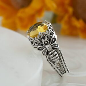 Filigranist 925 Sterling Silver Filigree Art Queen Bee Detailed Gemstone Women Cocktail Ring, Luxurious Gift Boxed (Citrine, 6)