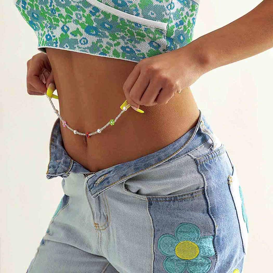 Sixexey Beads Waist Chain Colorful Beaded Body Chain Flower Belly Chains Summer Beach Body Jewelry for Women