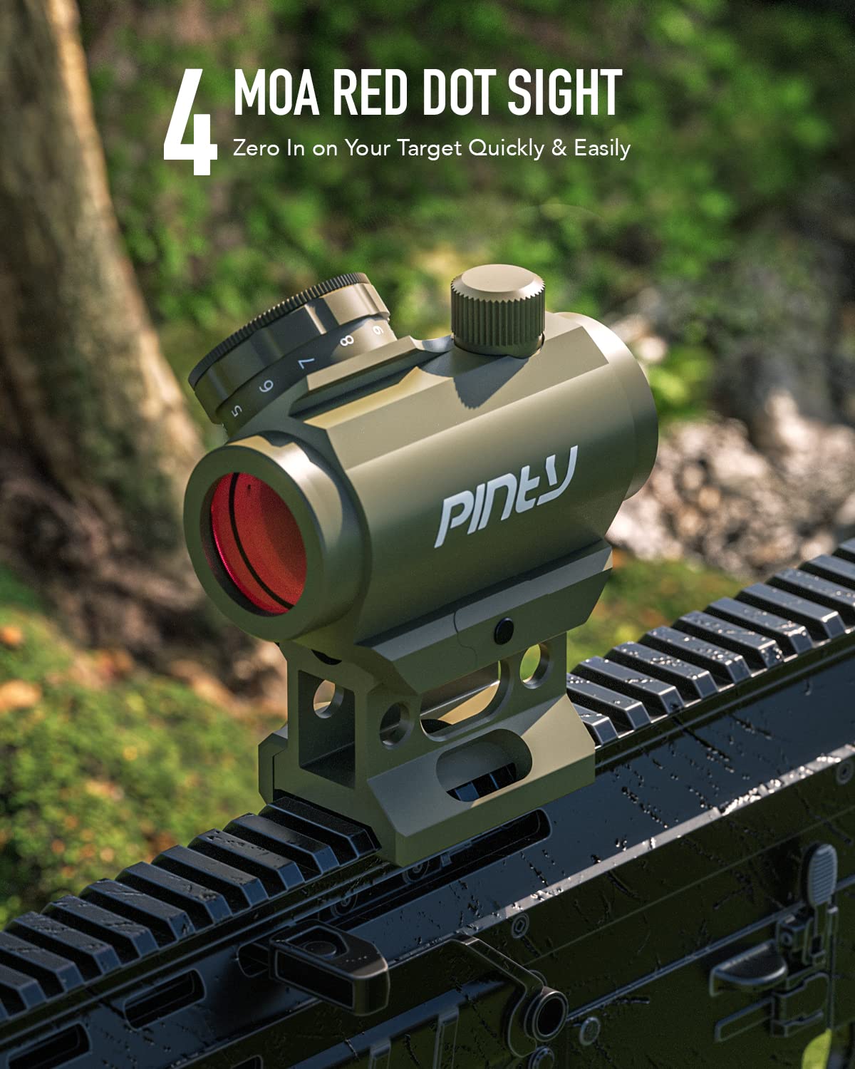 PINTY Red Dot Sight, Micro Reflex Sight 4 MOA Rifle Scope with 1 Inch Riser Mount 11 Brightness Levels Battery QD Mount for Picatinny and Weaver Rail Mounts on Pistols Rifles Long Guns More, Khaki