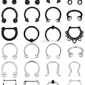 Yaalozei 16G Septum Rings piercing Jewelry for women Stainlessl Surgical Steel Silver Black Septum Ring Skull Hypoallergenic Hinged Septum Nose Ring Earring Hoop Clicker Piercing Jewelry Set Men 10mm