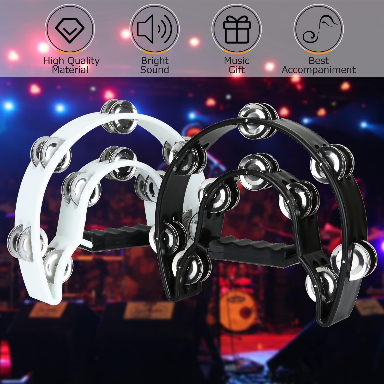 4 Pack Half Moon Hand Held Tambourine 10" Double Row Metal Jingles Tambourines for Adults Church, Plastic Musical Instrument Percussion handheld tambourine for Church, Ktv Party, (Black, White）