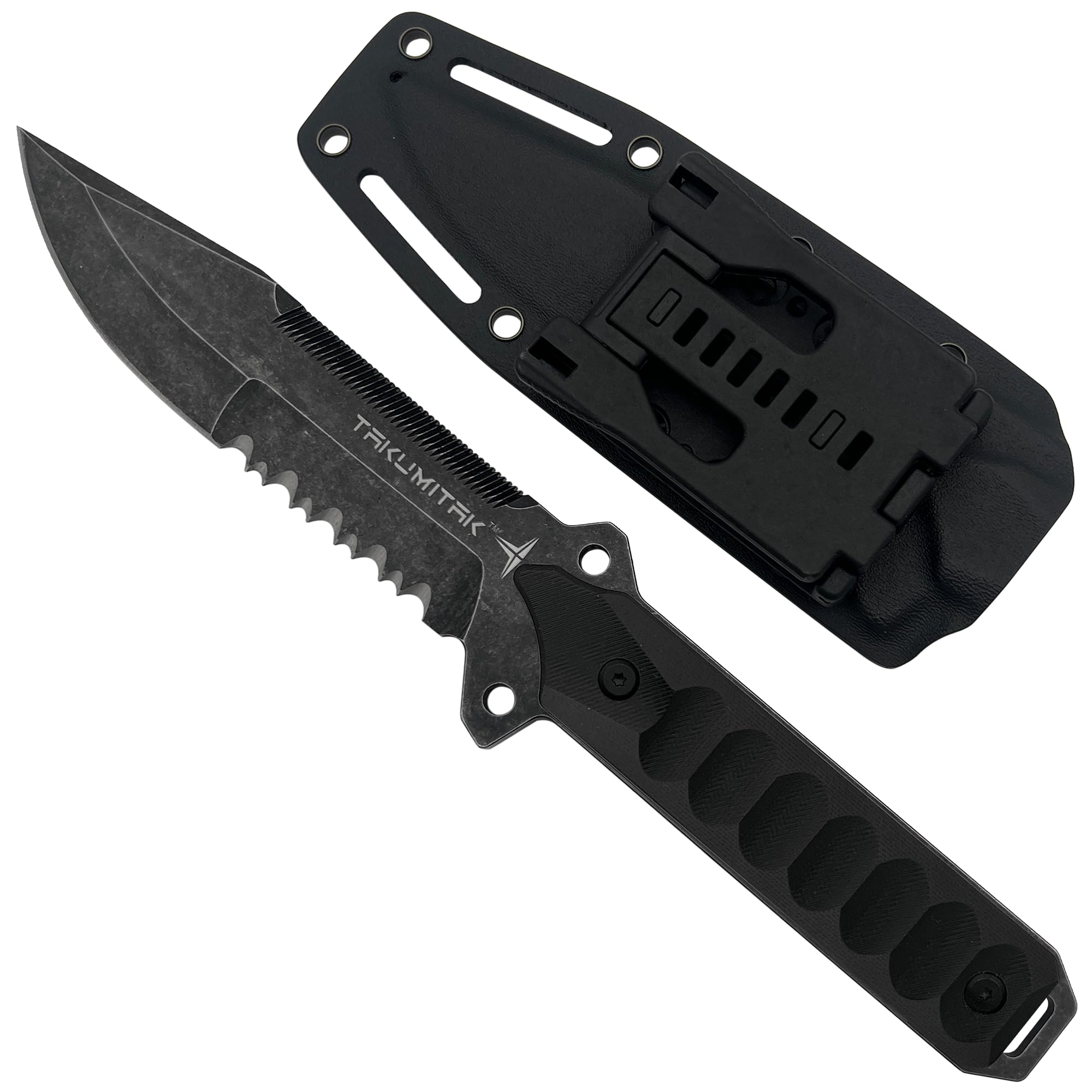 TAKUMITAK Tactical Knife Hunting Knife Survival Knife D2 Drop Point Blade G10 Handle Kydex Sheath Molle Clip Fixed Blade Knives Camping Accessories Hunting EDC Gear 40222 (Stonewash TKF213SW)