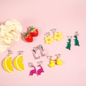 20 Pairs Clip On Earrings Weird Funny Earrings Gummy Bear Duck Water Bottle Fish Dinosaur Mushroom Butterfly Strawberry Dangle Earrings Set for Women Teen Girls, Resin, No Gemstone