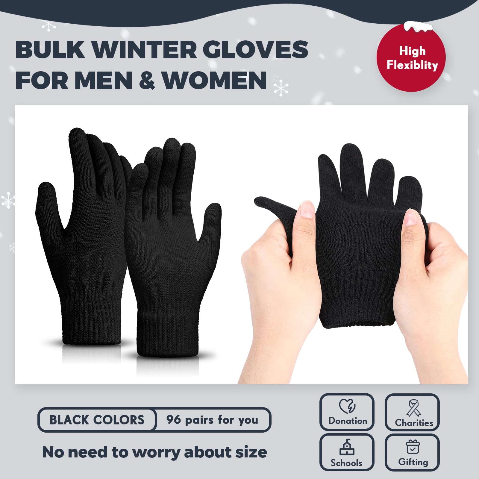 96 Pair Winter Magic Gloves Bulk Stretchy Warm Gloves Full Fingers Knit Thick Thermal Gloves for Men Women Warm Gift (Black)