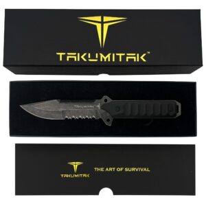 TAKUMITAK Tactical Knife Hunting Knife Survival Knife D2 Drop Point Blade G10 Handle Kydex Sheath Molle Clip Fixed Blade Knives Camping Accessories Hunting EDC Gear 40222 (Stonewash TKF213SW)