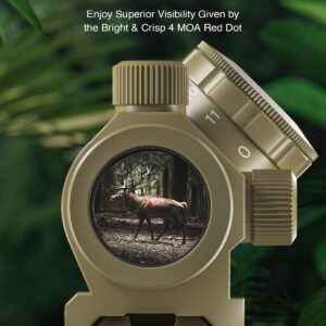 PINTY Red Dot Sight, Micro Reflex Sight 4 MOA Rifle Scope with 1 Inch Riser Mount 11 Brightness Levels Battery QD Mount for Picatinny and Weaver Rail Mounts on Pistols Rifles Long Guns More, Khaki