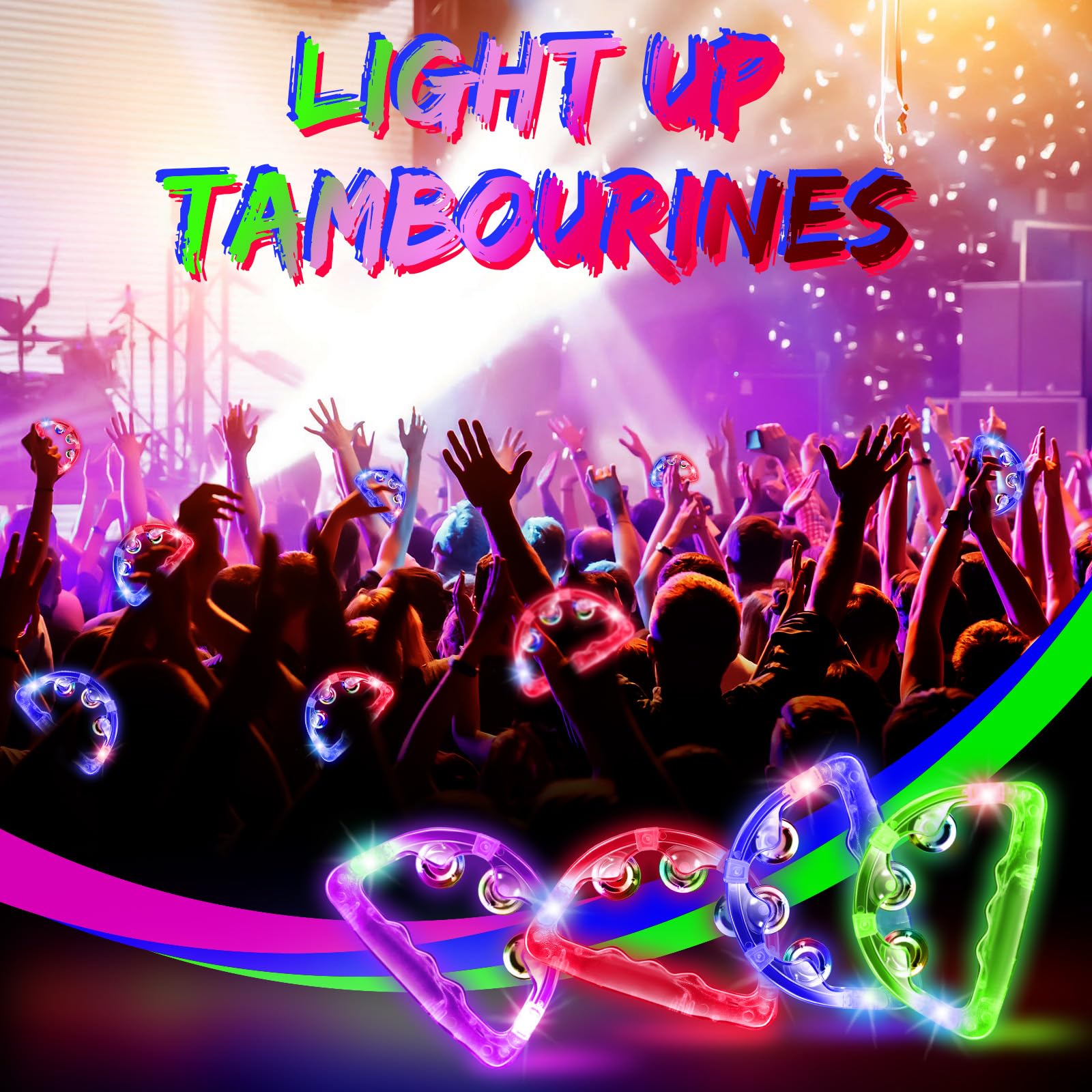 96 Pcs Light up Tambourines Musical LED Flashing Tambourine Glow Tambourines Instrument Adult Music Tambourines Handheld Percussion Instrument for Wedding Party Favors (Yellow, Blue, Green, White)