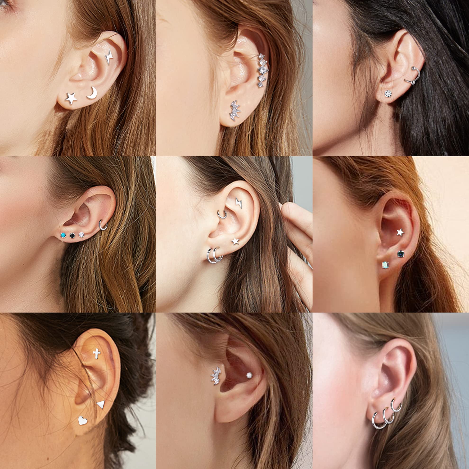 YADOCA 19Pairs Surgical Steel Stud Earrings Set for Women Men Small CZ Heart Star Moon Flat Back Earrings Hypoallergenic 20G Tiny Cartilage Earrings Stud Hoops Helix Tragus Daith Earrings Piercing