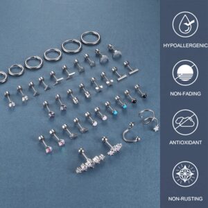 YADOCA 19Pairs Surgical Steel Stud Earrings Set for Women Men Small CZ Heart Star Moon Flat Back Earrings Hypoallergenic 20G Tiny Cartilage Earrings Stud Hoops Helix Tragus Daith Earrings Piercing