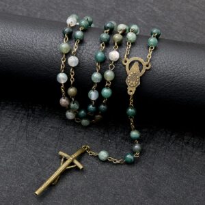 KOMI 6mm Natural Agate Stone Catholic Beads Rosary for Woman Man Virgin Mary Rosary Necklace with Jesus Crucifix, Holy Prayer Beads Rosary Packed in Velvet Pouch