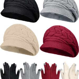 Newcotte 8 Pcs Women Hats Gloves Winter Set, Warm Girls Cap Beanie Hat Knit with Visor Snow Ski Caps and Touch Screen Gloves