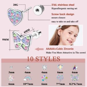 YADOCA 10 Pairs Hypoallergenic Screwback Earrings for Women girls age over 3 years old 316L Stainless Steel CZ Heart Screw Back Earring Multicolored Flower Butterfly Stud Earrings Set