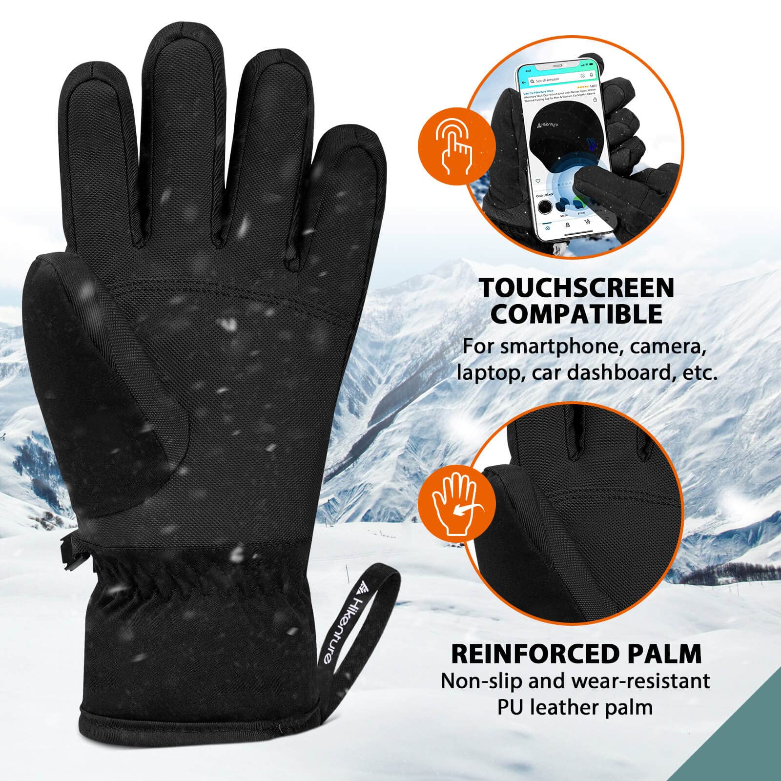 Hikenture Ski Gloves Snow Gloves for Men&Women, 3M Thinsulate Waterproof Snowboard Gloves, Insulated Touchscreen Snowmobile Gloves for Cold Weather, Windproof Warm Skiing Gloves, Black-L