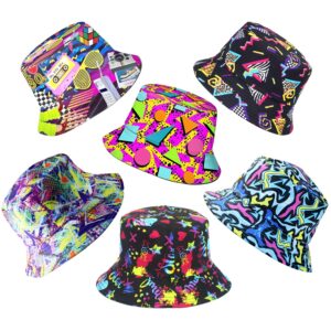 6 pack retro 80s 90s bucket hats for men women, funny retro party hats, vintage print fisherman hats for disco hip hop party, unisex reversible portable hat outdoor fashion sun cap colorful