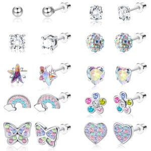 YADOCA 10 Pairs Hypoallergenic Screwback Earrings for Women girls age over 3 years old 316L Stainless Steel CZ Heart Screw Back Earring Multicolored Flower Butterfly Stud Earrings Set