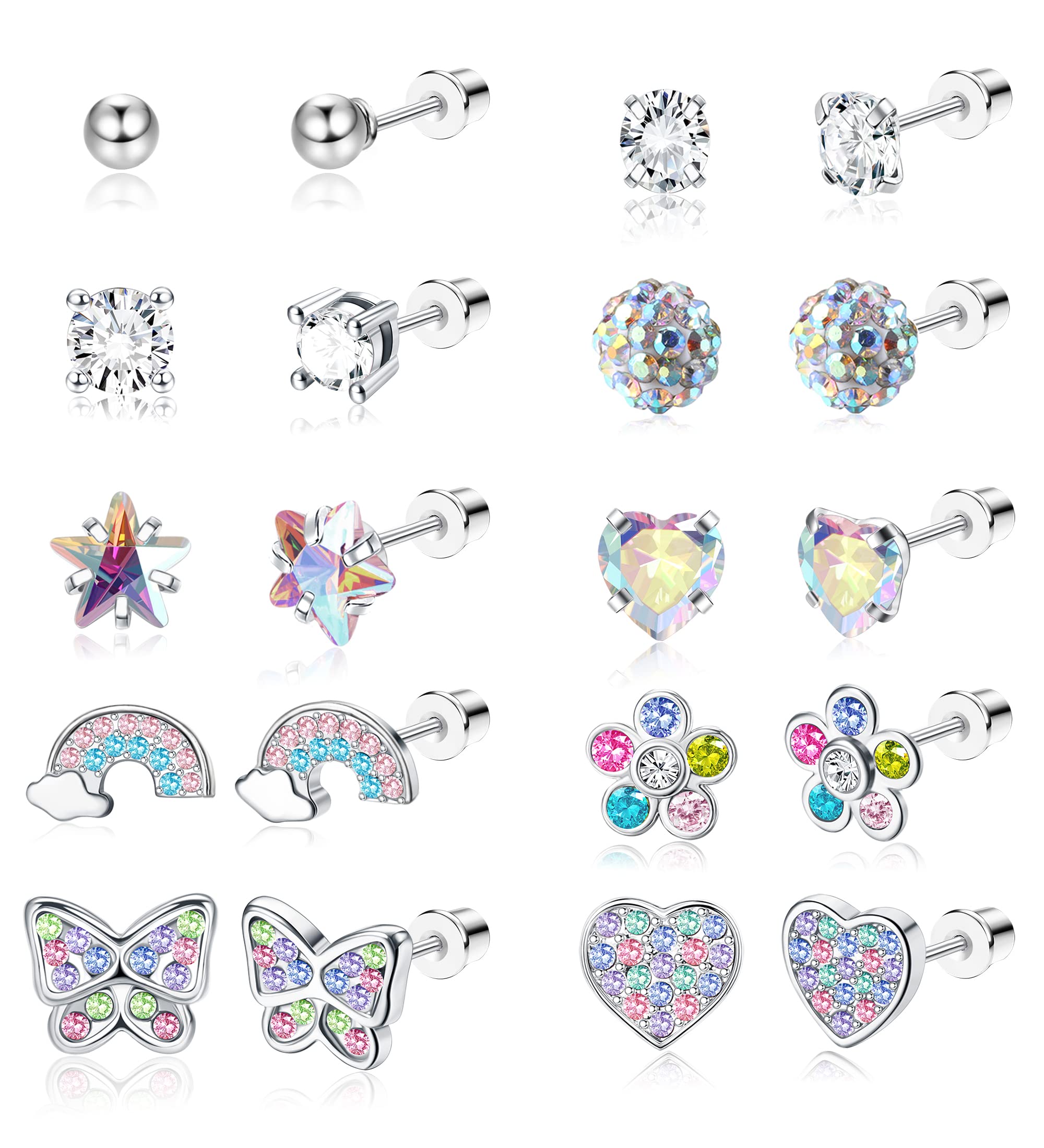 YADOCA 10 Pairs Hypoallergenic Screwback Earrings for Women girls age over 3 years old 316L Stainless Steel CZ Heart Screw Back Earring Multicolored Flower Butterfly Stud Earrings Set