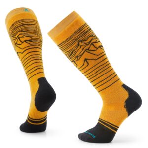 smartwool snowboard iguchi pattern full cushion merino wool over the calf socks for men and women, honey gold, large