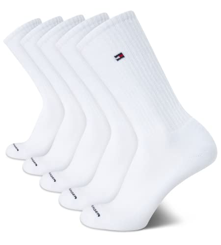 Tommy Hilfiger Men's Athletic Socks - Cushioned Crew Socks (5 Pack), Size 7-12, Pure White