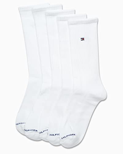 Tommy Hilfiger Men's Athletic Socks - Cushioned Crew Socks (5 Pack), Size 7-12, Pure White