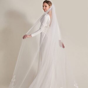 ruthyuexin Wedding Veil Applique Edge Cathedral Veil Flower One-Layer Bridal Veils Wedding Veils with Comb (ivory)