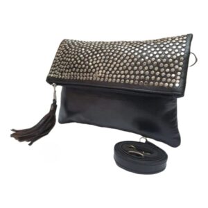 Leather clutch crossbody bag with studs decorated purse handmade leather handbag for women studded leather wallet (Black)