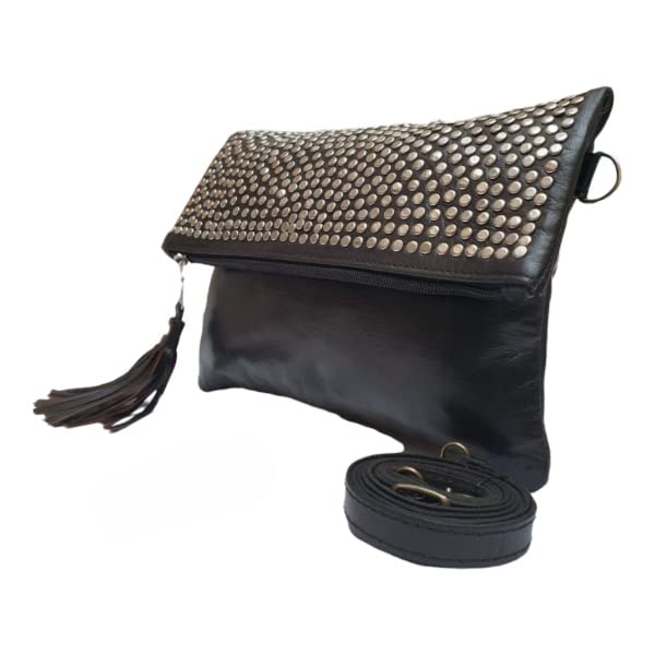 Leather clutch crossbody bag with studs decorated purse handmade leather handbag for women studded leather wallet (Black)