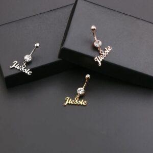 LELOUCHY Personalised Name Plate 14G Belly Button Ring 925 Sterling Silver/Gold Birthstone Navel Ring for Women