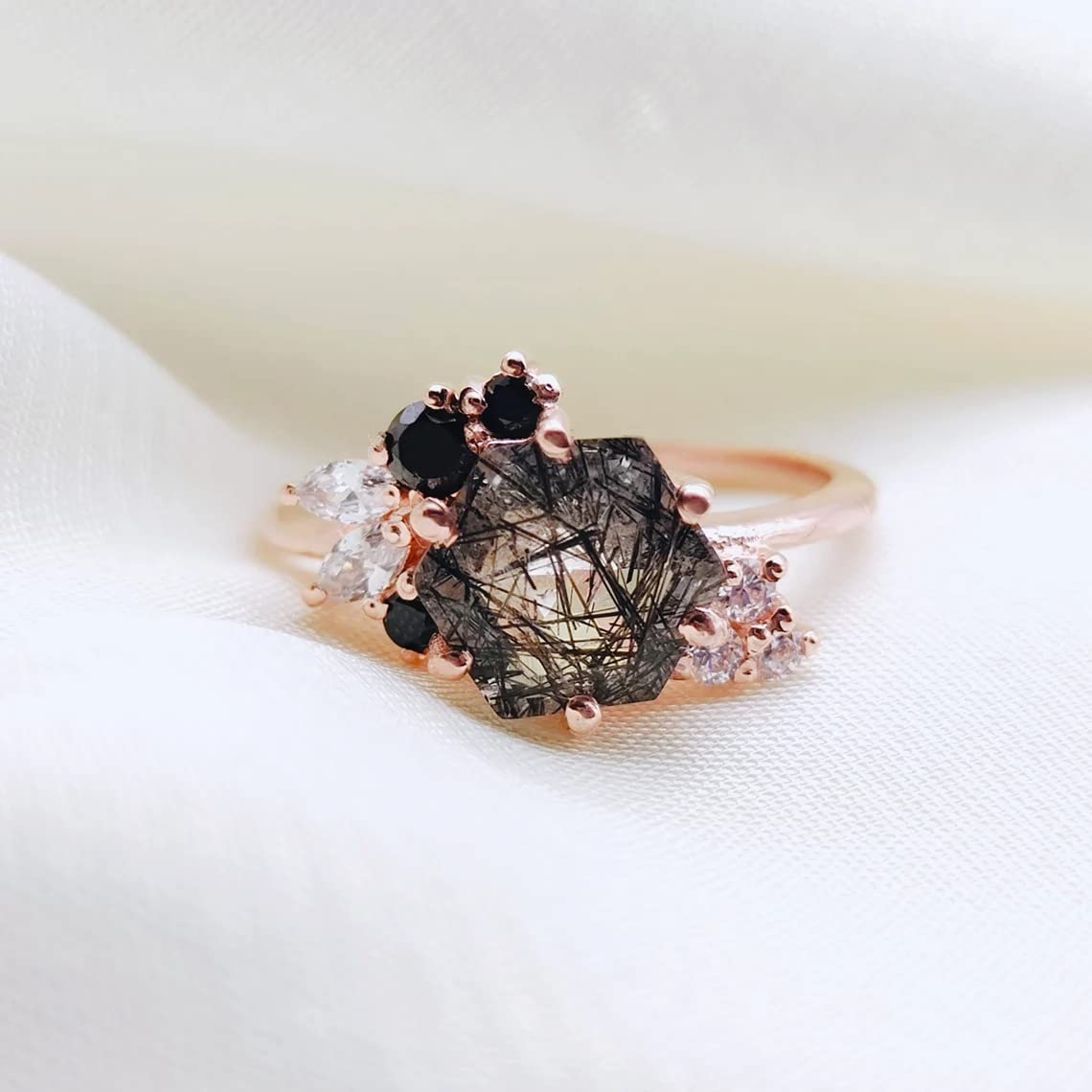 Rings For Women Hexagon Cut Black Rutilated Quartz Ring Vintage Unique Ring Marquise Cluster Black Spinel, Gift Beautiful Wedding Ring BY FOREVER GEMS & JEWELS, Rose Gold,White,Silver