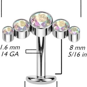 Titanium Threadless Convex Base Floating Belly Ring With 5 Bezel Crystal Curve Top (Aqua)