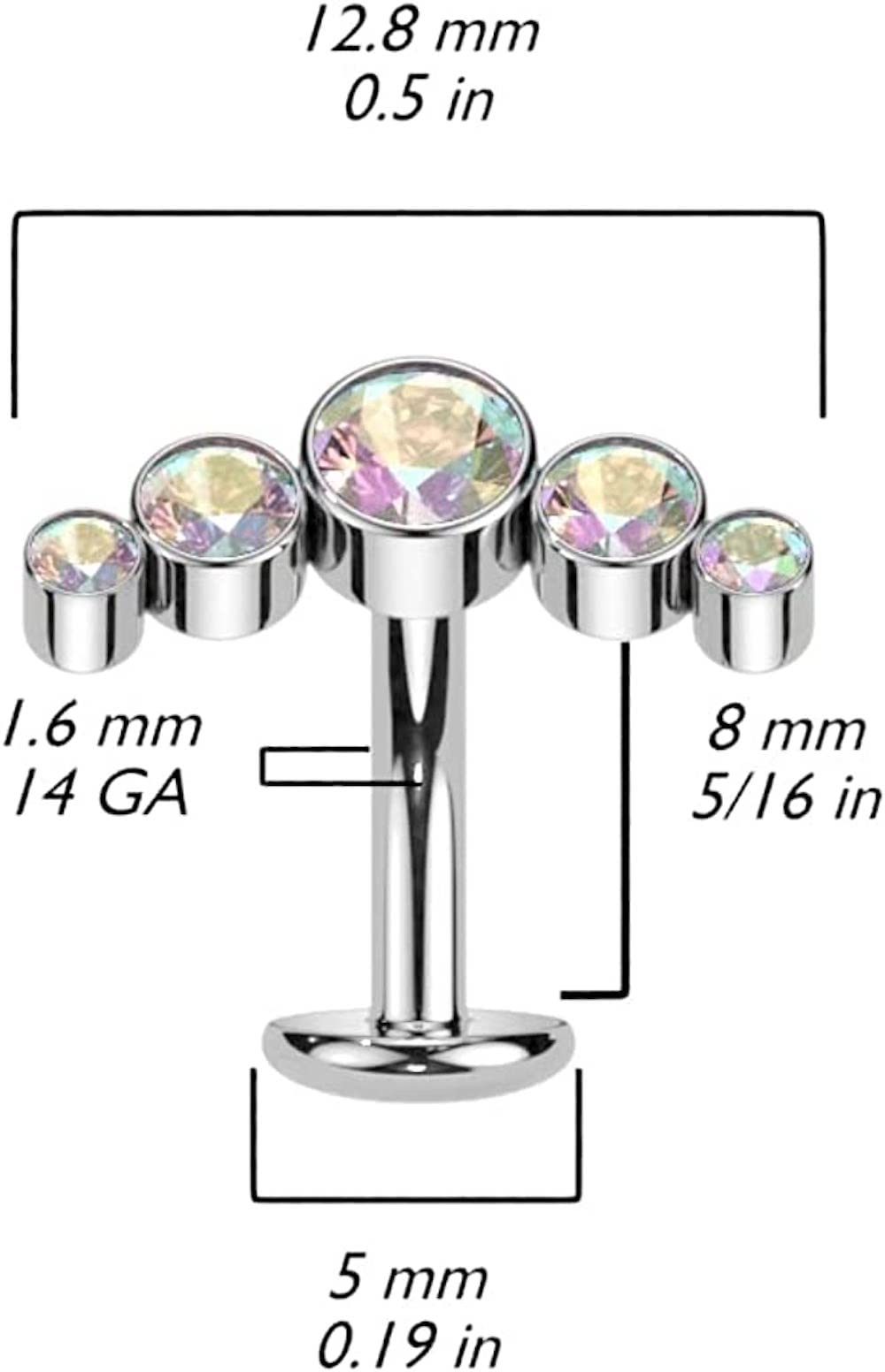 Titanium Threadless Convex Base Floating Belly Ring With 5 Bezel Crystal Curve Top (Aqua)