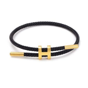 spomunt bracelets fashion for women girls adjustable bracelet, gold-plated buckle design titanium steel wire rope gift jewelry (black, stainless steel)