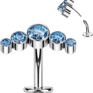 Titanium Threadless Convex Base Floating Belly Ring With 5 Bezel Crystal Curve Top (Aqua)