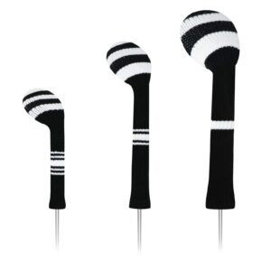 LeFeng 3Pcs Golf Club Covers, Knitted Golf Club Covers for 460cc Driver Fairway Woods and Hybrid Without Pom Pom(White Black Stripes)