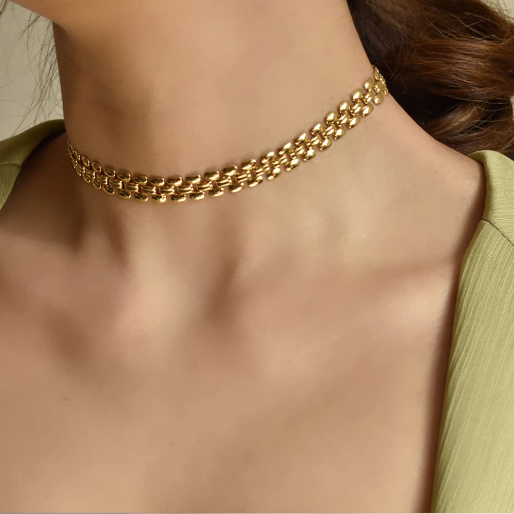 CLASSYZINT Gold Chunky Choker Necklace Large Wide Chain Short Chokers For Women (Watch strap chain choker)