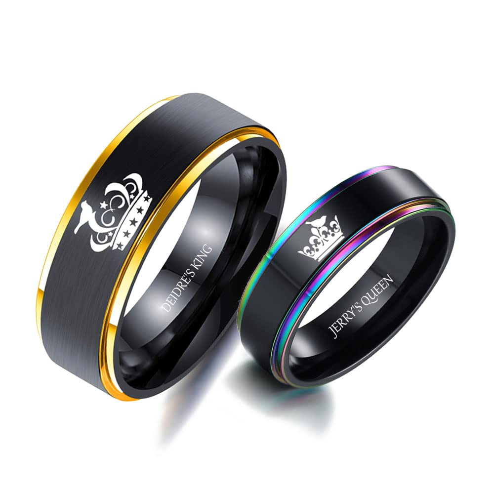 Personalized Matching Rings for Couples His Queen&Her King,Engraved King and Queen Rings for Couples Set Stainless Steel Black Wedding Engagement Bands Promise Rings for Him and Her Couples Anniversary Valentine's Jewelry (Black)