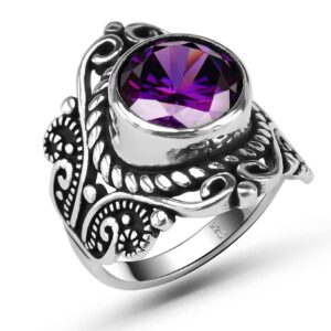 genuine 925 sterling silver round shape brilliant cut cz cubic zirconia purple amethyst color stone luxury statement, anniversary, birthstone or gift for all occasions filigree ring for women (8)